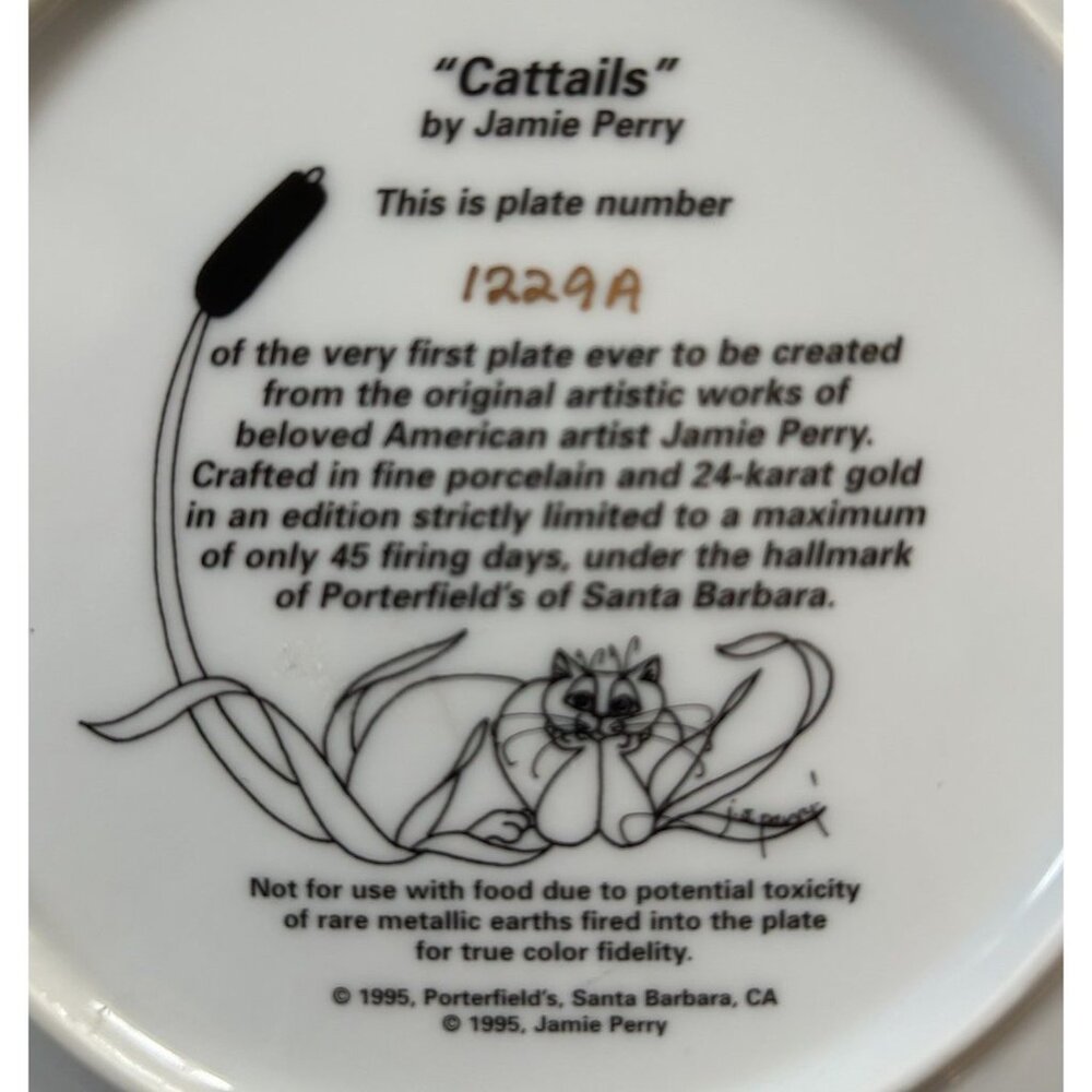 “Cattails” By Jamie Perry Collectible #1299A Porcelain Plate 24K Gold Trim Cat - Picture 5 of 5